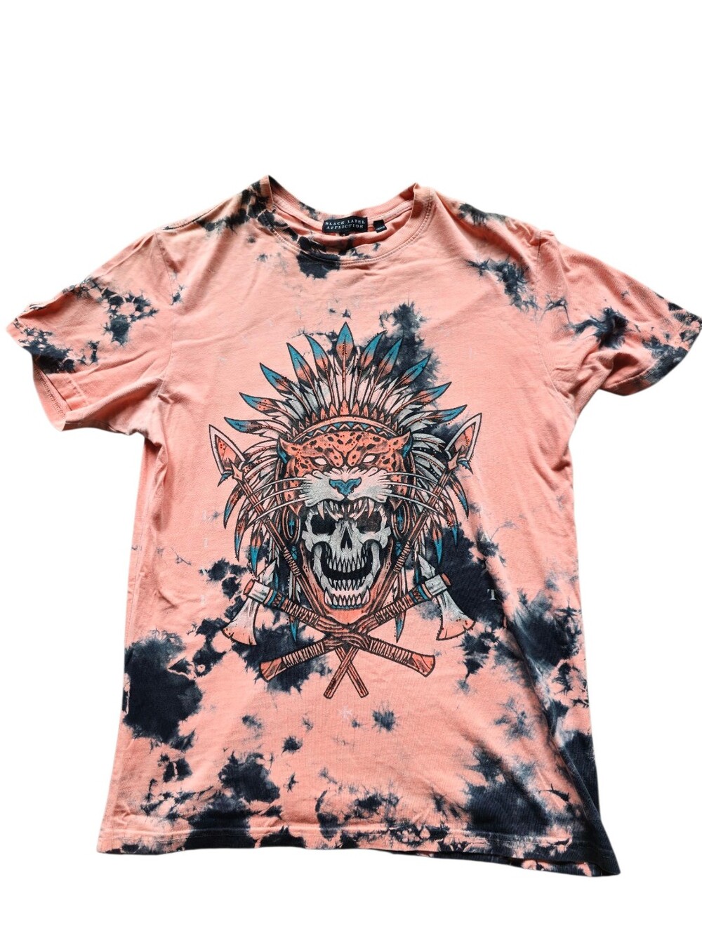 Affliction Graphic Tie-Dye Coral Short-Sleeve T-Shirt with Skull Native Print S
